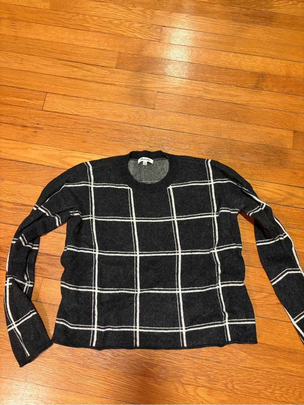 Madewell Black Crewneck Sweater with White Windowpane Grid